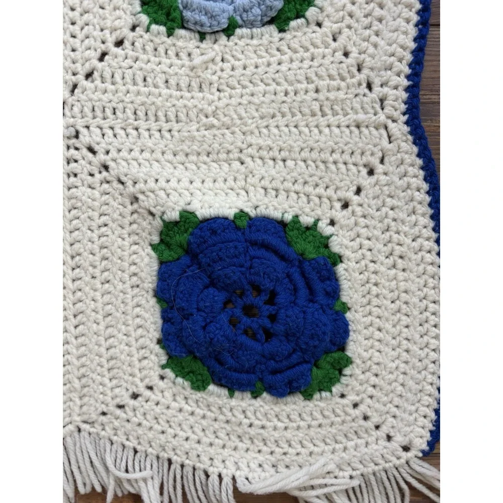 Granny square Handmade 3D Crochet Flower Afghan Blanket Blue White 39